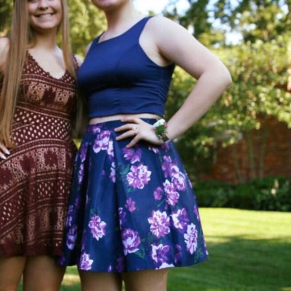 Navy Blue and Purple Floral 2 Piece Hoco Dress!